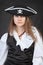 Portrait of serious pirate woman in hat