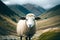 portrait of a sheep standing in a herd mountains, ai generative