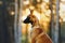 Portrait of a shepherd dog in profile in the backlight at sunrise