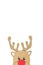 Portrait shot of cute and happy baby reindeer cardboard cutout with red nose peeking on a white background.