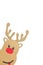 Portrait shot of cute and happy baby reindeer cardboard cutout with red nose peeking on a white background.