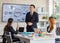 Portrait shot group of millennial professional successful businessman and businesswomen in formal suit standing sitting showing