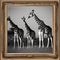 A portrait showcasing a group of giraffes grazing peacefully on the African savanna, their long necks stretched high1