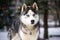 Portrait of a Siberian Husky close-up, side view of the head of a Siberian Husky with a red-white coat color and blue