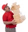 Portrait of side view delivery man struggling to lift many boxes