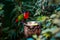 Portrait of A single Tricolor Parrot, Lorius Lory, eating fruits in natural surroundings