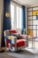 Portrait size of A living room with a Piet Mondrian-inspired armchair as the centerpiece. The armchair is geometric and colorful