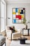 Portrait size of A living room with a Piet Mondrian-inspired armchair as the centerpiece. The armchair is geometric and colorful