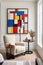 Portrait size of A living room with a Piet Mondrian-inspired armchair as the centerpiece. The armchair is geometric and colorful