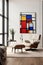 Portrait size of A living room with a Piet Mondrian-inspired armchair as the centerpiece. The armchair is geometric and colorful