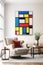 Portrait size of A living room with a Piet Mondrian-inspired armchair as the centerpiece. The armchair is geometric and colorful