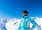 Portrait skier mountains in the background