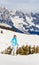 Portrait skier mountains in the background. Ski resort