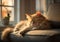 Portrait of a sleeping young ginger maine coon cat on brown sofa. The cat is resting at home. Generative ai