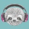Portrait of Sloth with headphones.