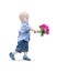 Portrait of small baby boy walking holding pink roses bouquet isolated on white background. Little gentleman with