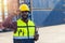 Portrait smart confident black worker staff foreman at port cargo container shipping industry