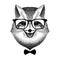 Portrait of a smart fox in glasses and bow-tie. Fox hipster style. Stylized vector illustration. sly fox smiles. gentleman.