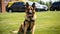 Portrait of a smart trained German shepherd on duty. K-9 Police dog closeup shot. Beautiful young dog is taken for service in the