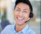 Portrait, smile and an asian man in a call center for customer service, support or lead generation. Face, contact and