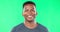 Portrait, smile and green screen with a black man in studio, feeling happy while against a color background. Face