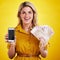 Portrait, smile and woman with phone and money in studio isolated on a yellow background mockup. Cellphone, euros and