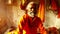 Portrait Smiled old sadhu hindu monk in orange clothes with prayer beads on neck in room with wite brickwork and clothes on walls