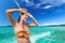 Portrait smiles girl with a mask for snorkeling on a background