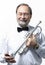 Portrait.smiling adult man musician with a trumpet