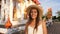Portrait of Smiling Attractive Young Mixed Race Hipster Tourist Girl in Straw Hat with Traditional Thai Buddhist Temple