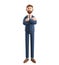 Portrait of smiling bearded businessman. 3D illustration of cartoon standing male character in suit with hands crossed.