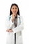 Portrait of smiling beautiful young female doctor and stethoscope stand with feeling confident and enthusiastic