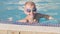 Portrait smiling boy in swimming pool, child in swimming glasses and swimming circle. Summer travel hotel vacation or