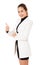 Portrait Of Smiling Business Woman Shows Thumb Up On White Background.