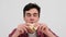 Portrait of Smiling Caucasian Man Enjoying Taco on White Background