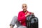 Portrait of Smiling Caucasian Senior Woman in Trekking Outfit with Backpack. Against White