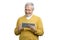 Portrait of smiling cheerful grandpa tapping tablet.