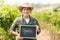 Portrait of smiling farmer holding an organic sign