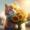 A portrait of a smiling ginger cat with a large bouquet of sunflowers outdoors in sunny day. Created with Generative AI