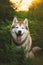 Portrait of smiling husky dog with brown eyes sitting in green fern grass on sunset background