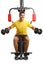 Portrait of a smiling man on a fitness machine and exercising with dumbbells