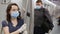 Portrait of smiling optimistic woman wearing disposable medical mask and rubber gloves sitting in subway car. Concept of