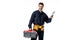 portrait of smiling plumber in uniform with tool box and digital tablet