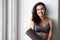 Portrait of smiling sporty woman, yoga, pilates or fitness instr