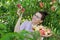 Portrait of smiling woman with basket of fresh peaches, tree with ripe peaches background