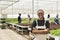 Portrait of smiling woman in modern greenhouse with workers taking care of salad crop and green plants