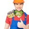 Portrait of smiling worker shows thumbs up