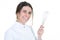 Portrait of a smiling young woman cook pastry in white background