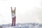 Portrait of a snowboarder woman freerider in helmet in snowy mountains