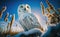 Portrait of a snowy owl in blurred blue sky and tree branches background, side view, in snow, generative AI